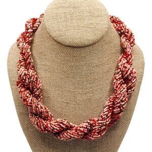 Vintage Twisted Glass Seed Bead Necklace in Mauve Rose Variegated Thick & Chunky